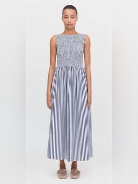 Hill House The Cosima Nap Dress Navy Stripe Smocked Maxi Dress NWT Sz Small